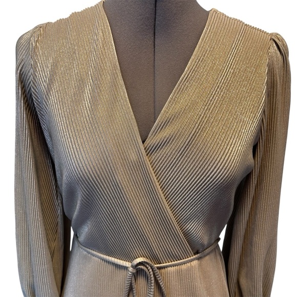 Ann Taylor | NWT | Metallic Pleated Faux Wrap Dress | XSP Petite - Picture 6 of 11